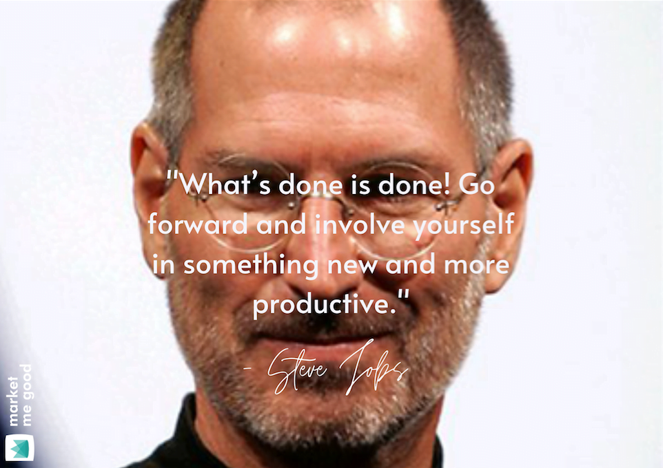 Steve Jobs with a quote and a brand logo