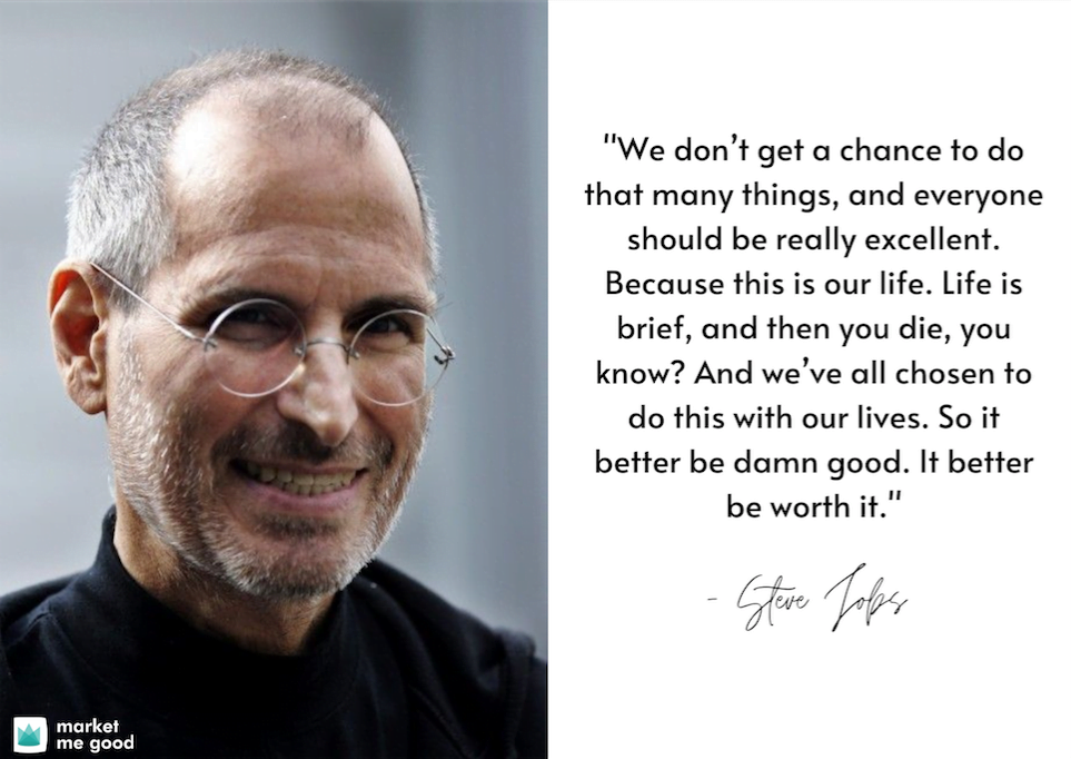Smiling Steve Jobs with a quote and a brand logo