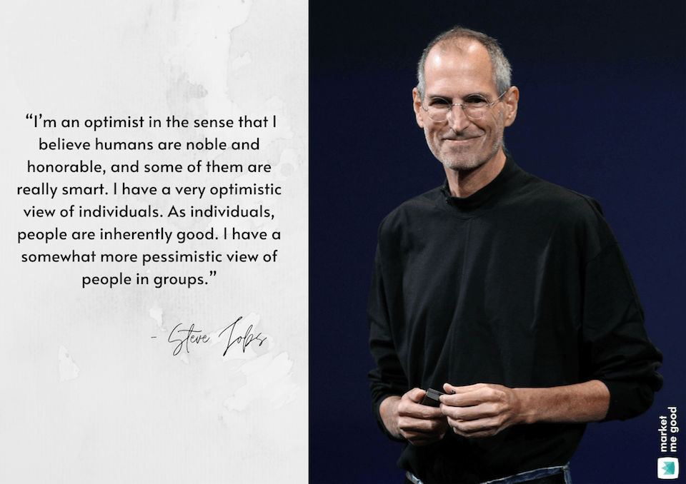 Steve Jobs with a quote and a brand logo