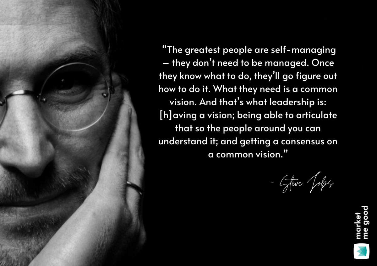 Steve Jobs with a quote and a brand logo