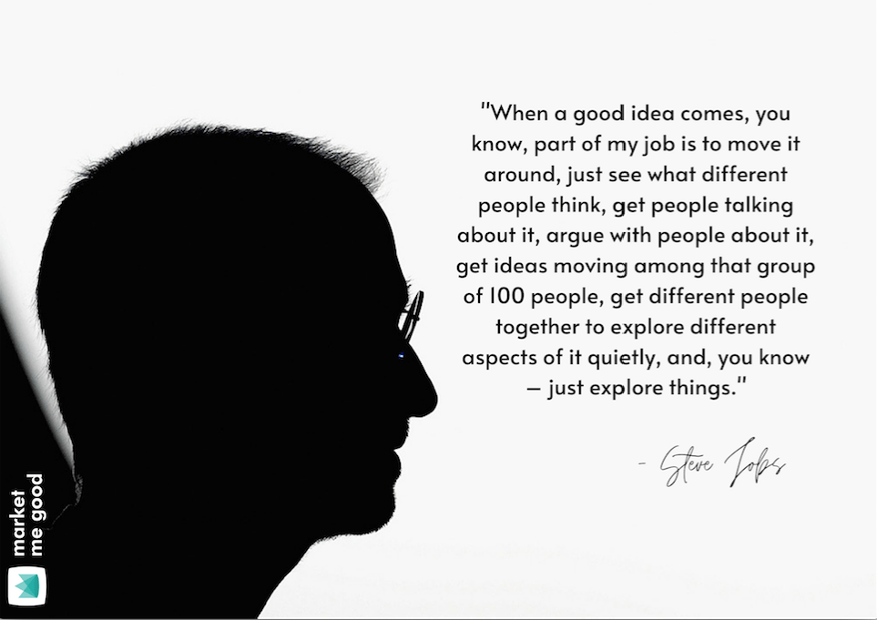 Steve Jobs with a quote and a brand logo
