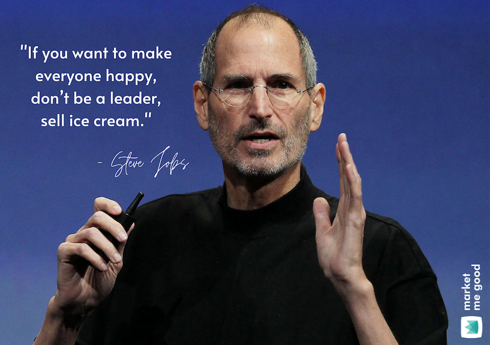 Steve Jobs talking with a quote and a brand logo