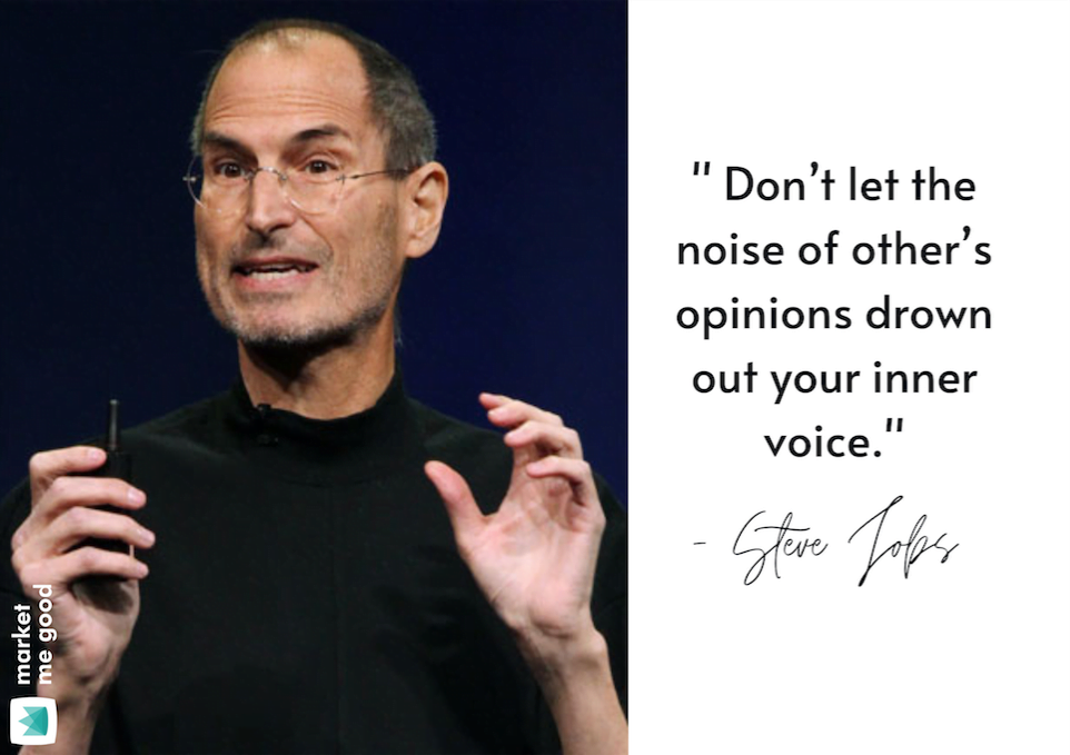 Steve Jobs with a quote and a brand logo