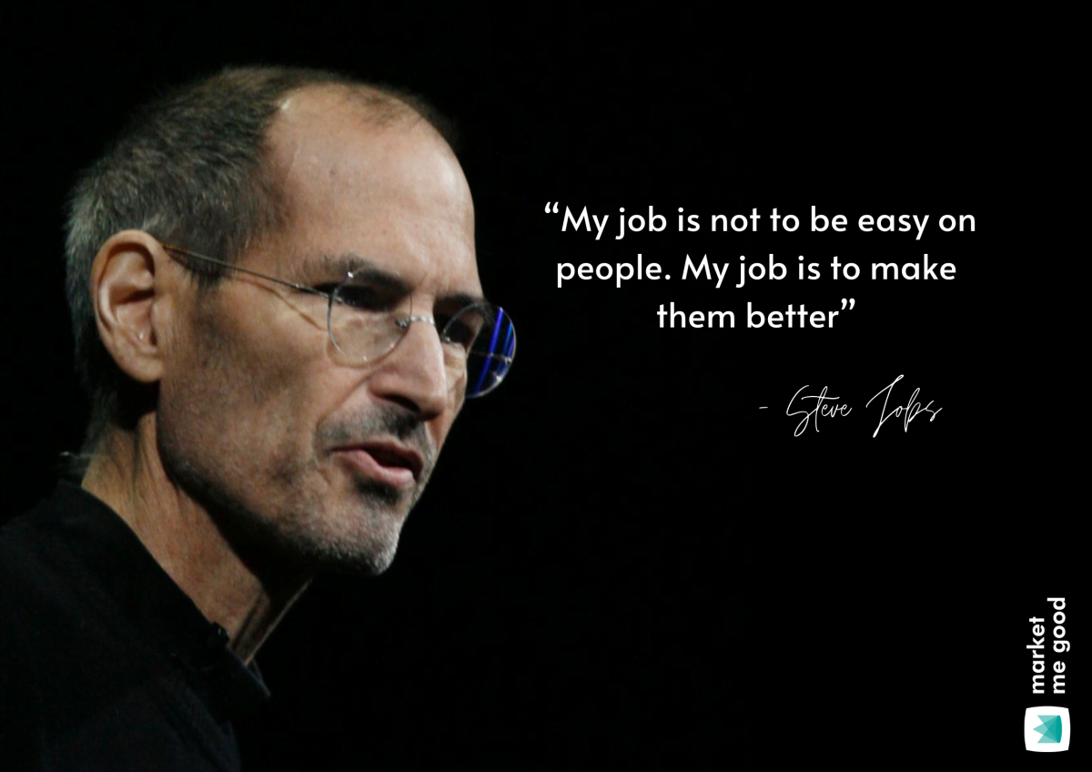 Steve Jobs with a quote and a brand logo
