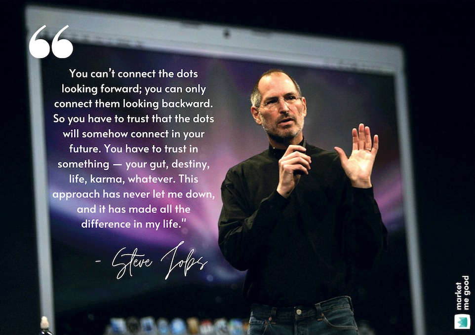 Steve Jobs with a quote and a brand logo