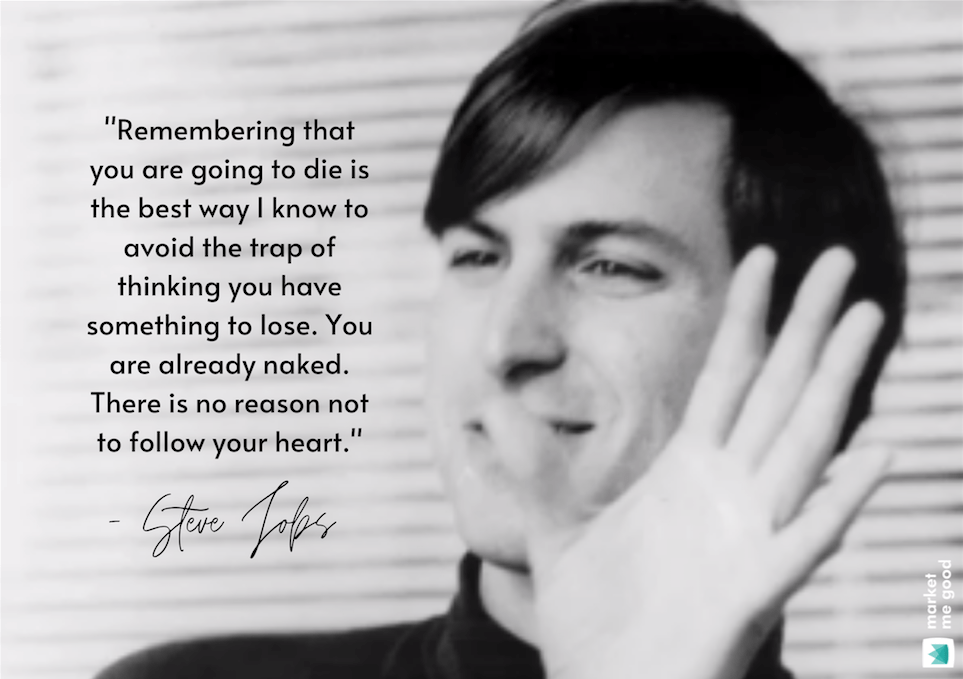 Young Steve Jobs with a quote and a brand logo