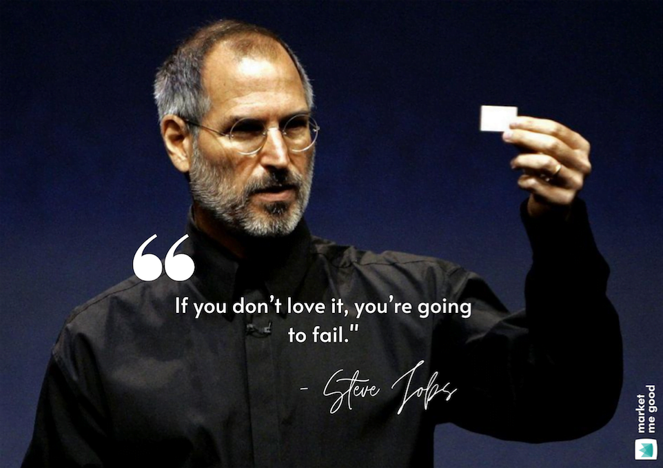 Steve Jobs with a quote and a brand logo