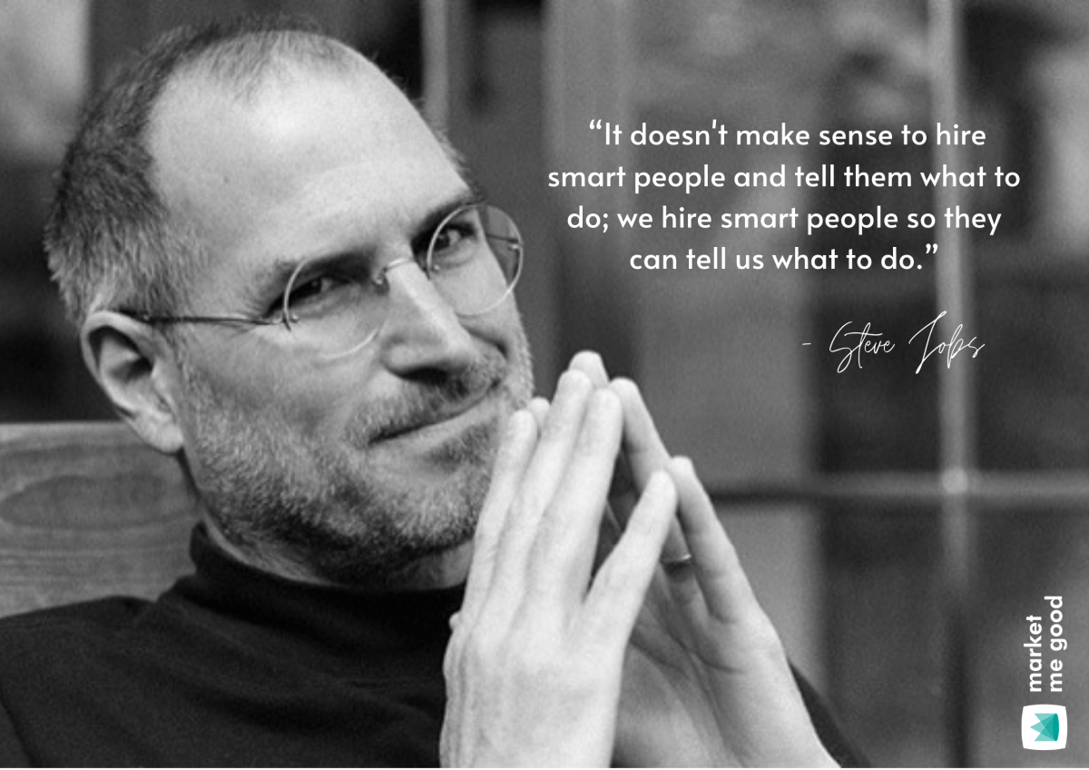 Steve Jobs with a quote and a brand logo