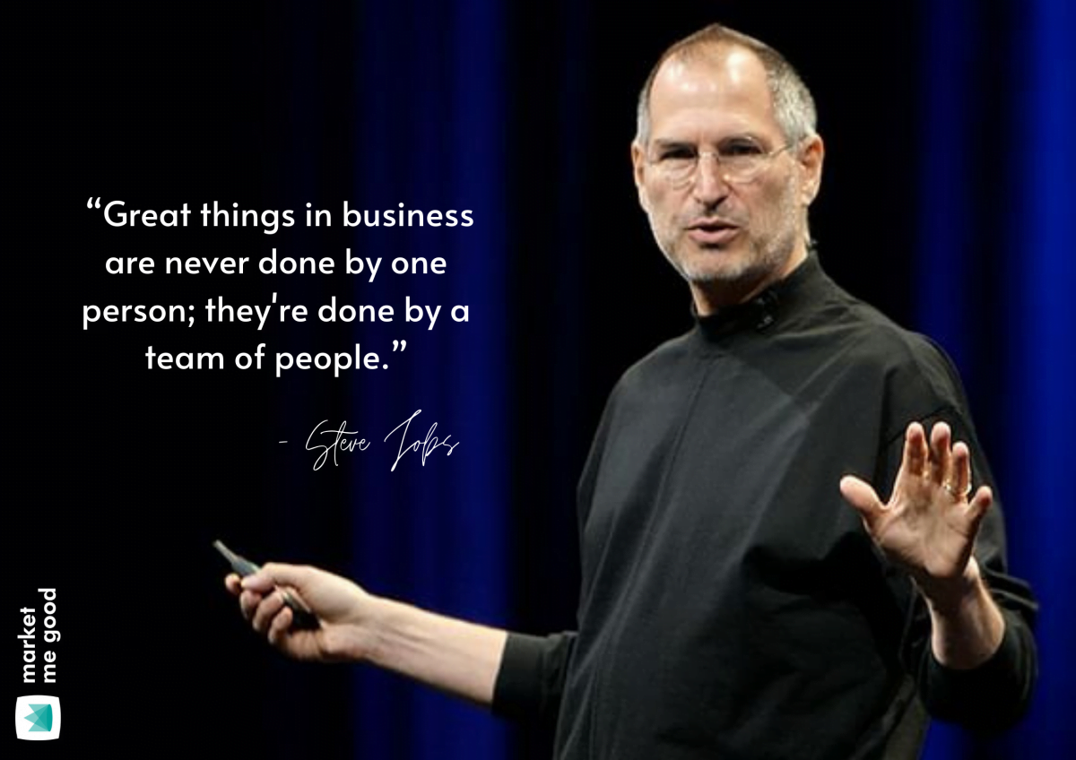 Steve Jobs with a quote and a brand logo