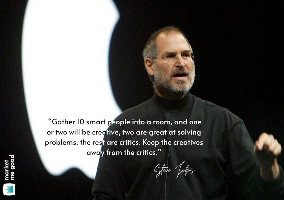 Steve Jobs with a quote and a brand logo
