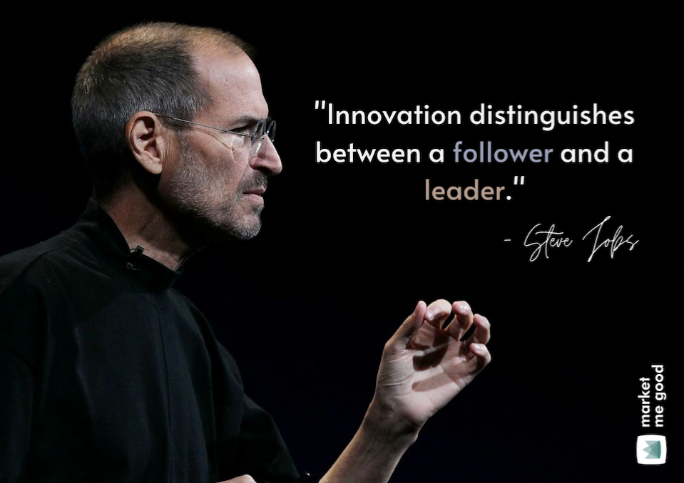 Steve Jobs with a quote and a brand logo
