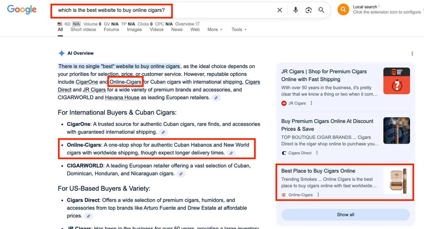 Google AI Overview par labākajām vietnēm cigāru iegādei, kurā minēts Online-Cigars
