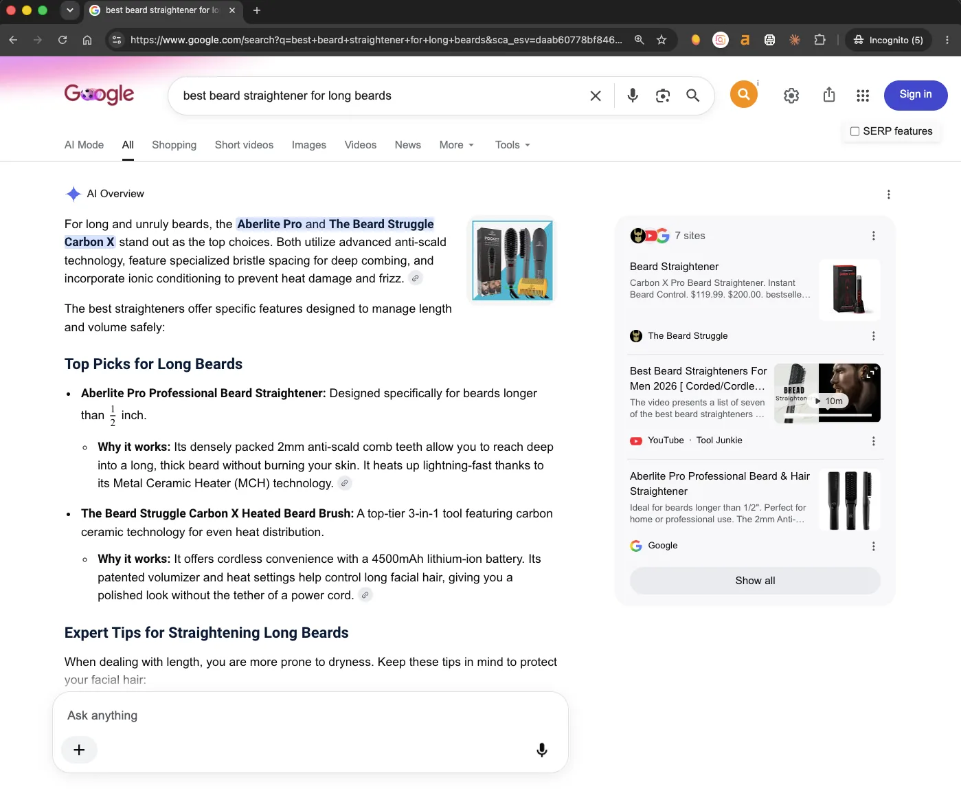Google AI Overview, kurā The Beard Struggle Carbon X minēts kā viena no labākajām izvēlēm